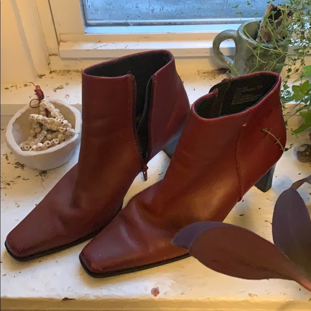 red leather pointed ankle boot
